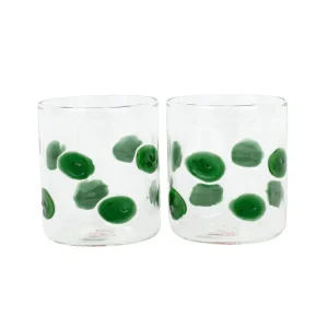 set of two double old fashioned glasses with green dots