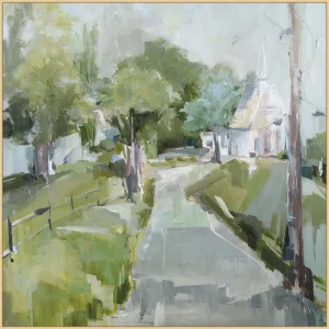 a serene street leading to an old building. Reflective of Southern Country and a perfect piece of Charleston home decor. Cool color palette.