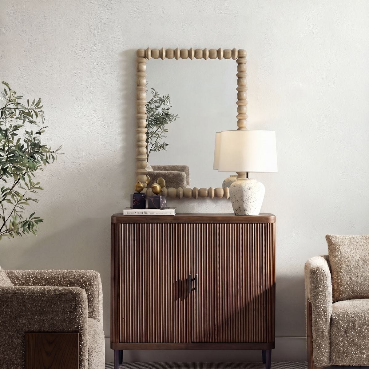 lifestyle image of rectangle mirror, spindle design, sold by GDC Home in Charleston, SC