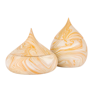 set of two tear drop shaped wooden boxes with a yellow marbled finish