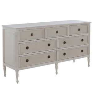 Seven drawer dresser, white and gray washed finish with decorative antique brass hardware.