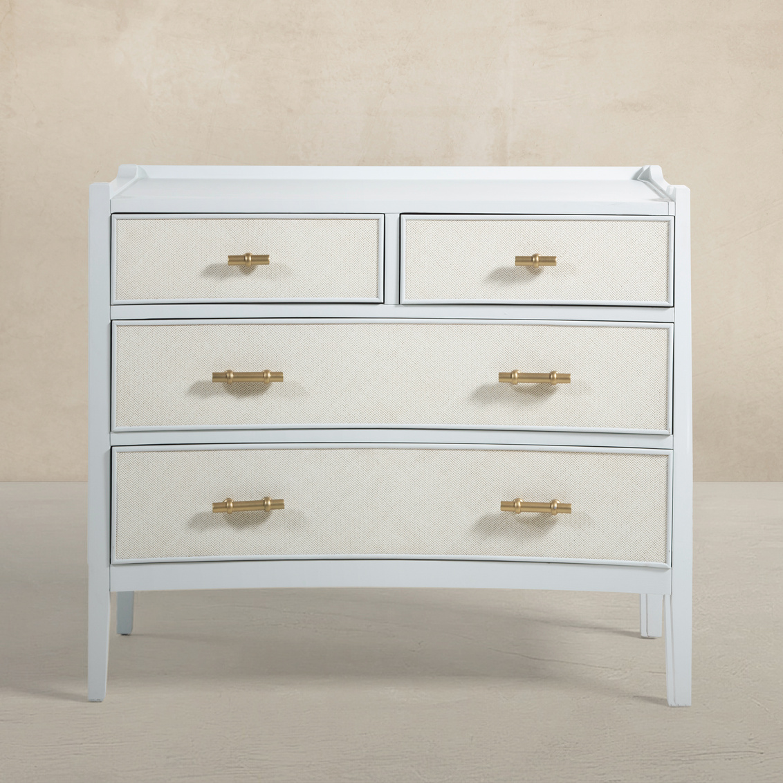 Sky blue chest, four drawers, seagrass drawer fronts and gold hardware. Sold by GDC Home in Charleston, SC