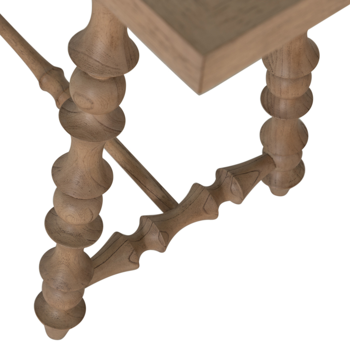 Close up of console, intricately turned legs, natural finish