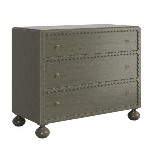 accent chest in sage green, three drawers, scallop detailing, bobbin feet, brass hardware, sold by GDC Home in Charleston, SC