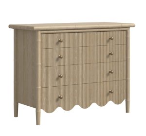 four drawer chest with fluted front and scalloped bottom in a light wood finish