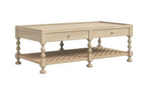The Haven Coffee Table, a light colored wood coffee table with two drawers and a shelf