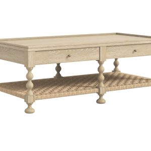The Haven Coffee Table, a light colored wood coffee table with two drawers and a shelf