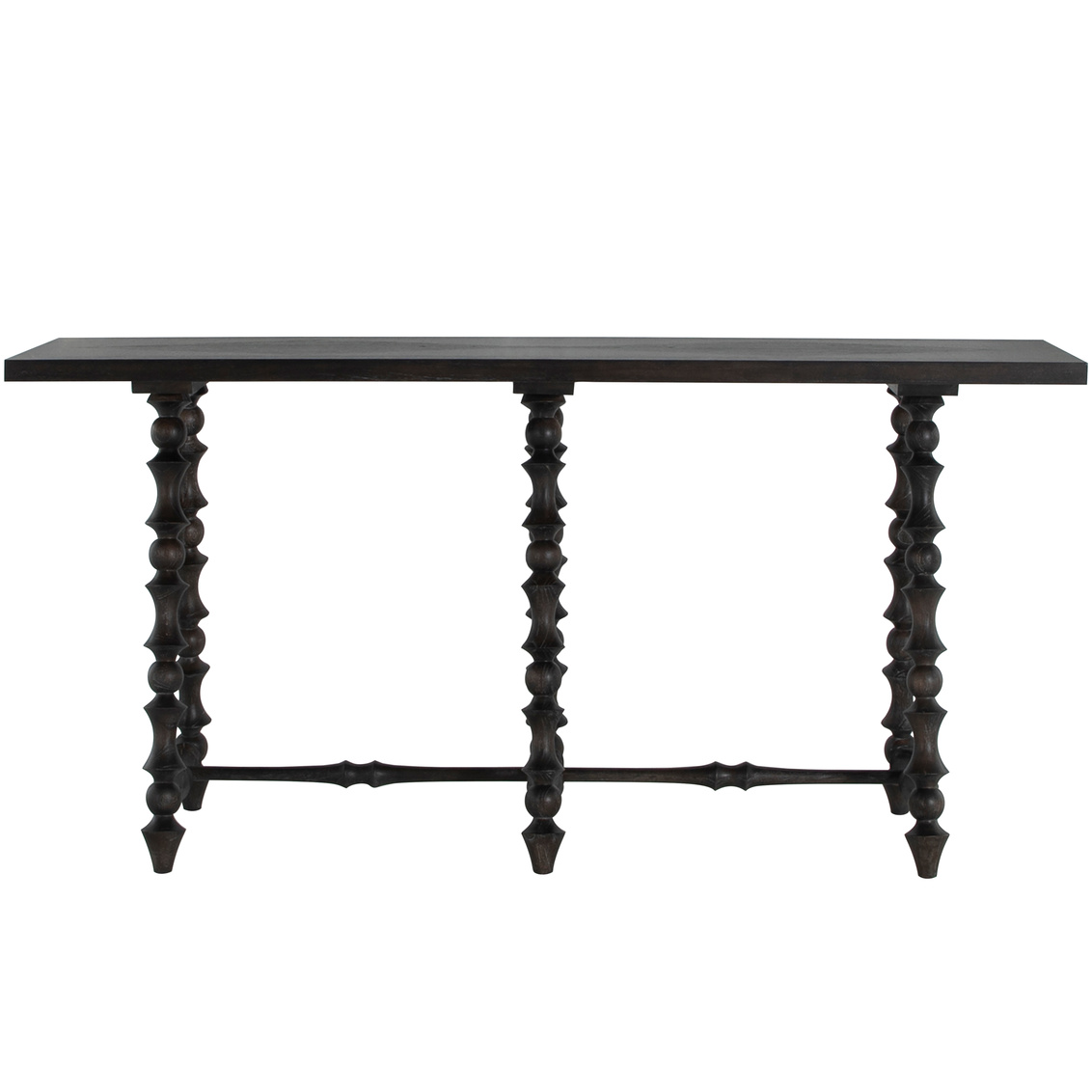 Front view of console, intricately turned legs, dark finish. Sold by GDC Home in Charleston, SC