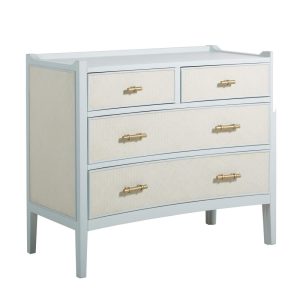 Sky blue chest, four drawers, seagrass drawer fronts and gold hardware. Sold by GDC Home in Charleston, SC