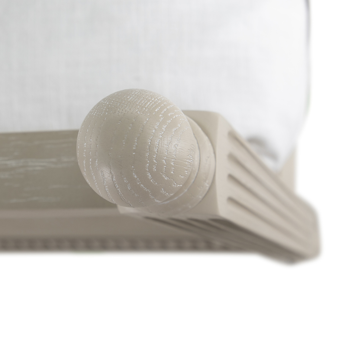 Detail of bed in cerused white finish. Sold by GDC Home in Charleston, SC