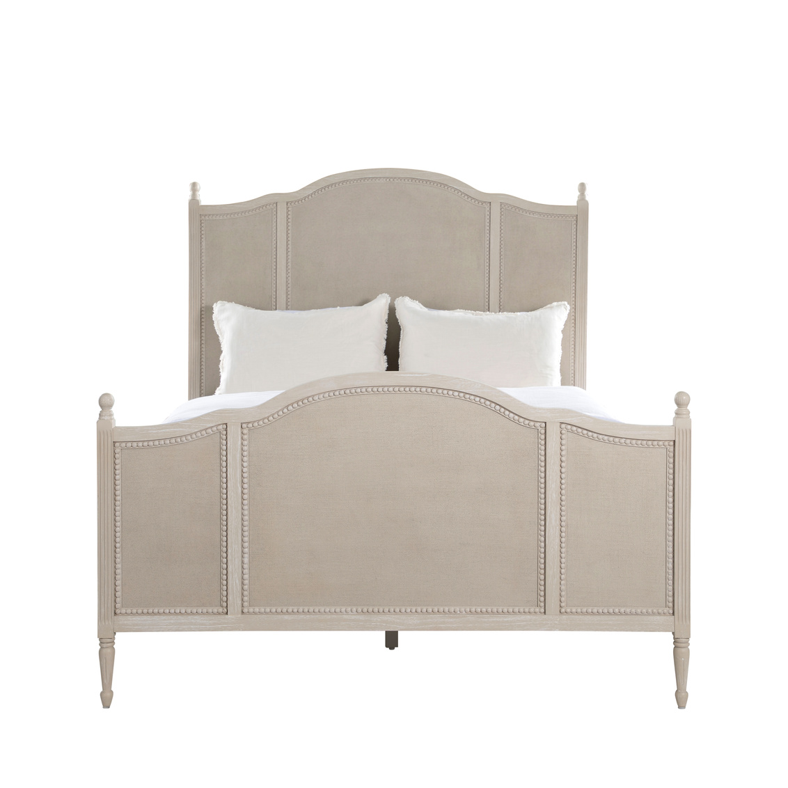 Queen bed in cerused white finish with painted burlap panels. Sold by GDC Home in Charleston, SC