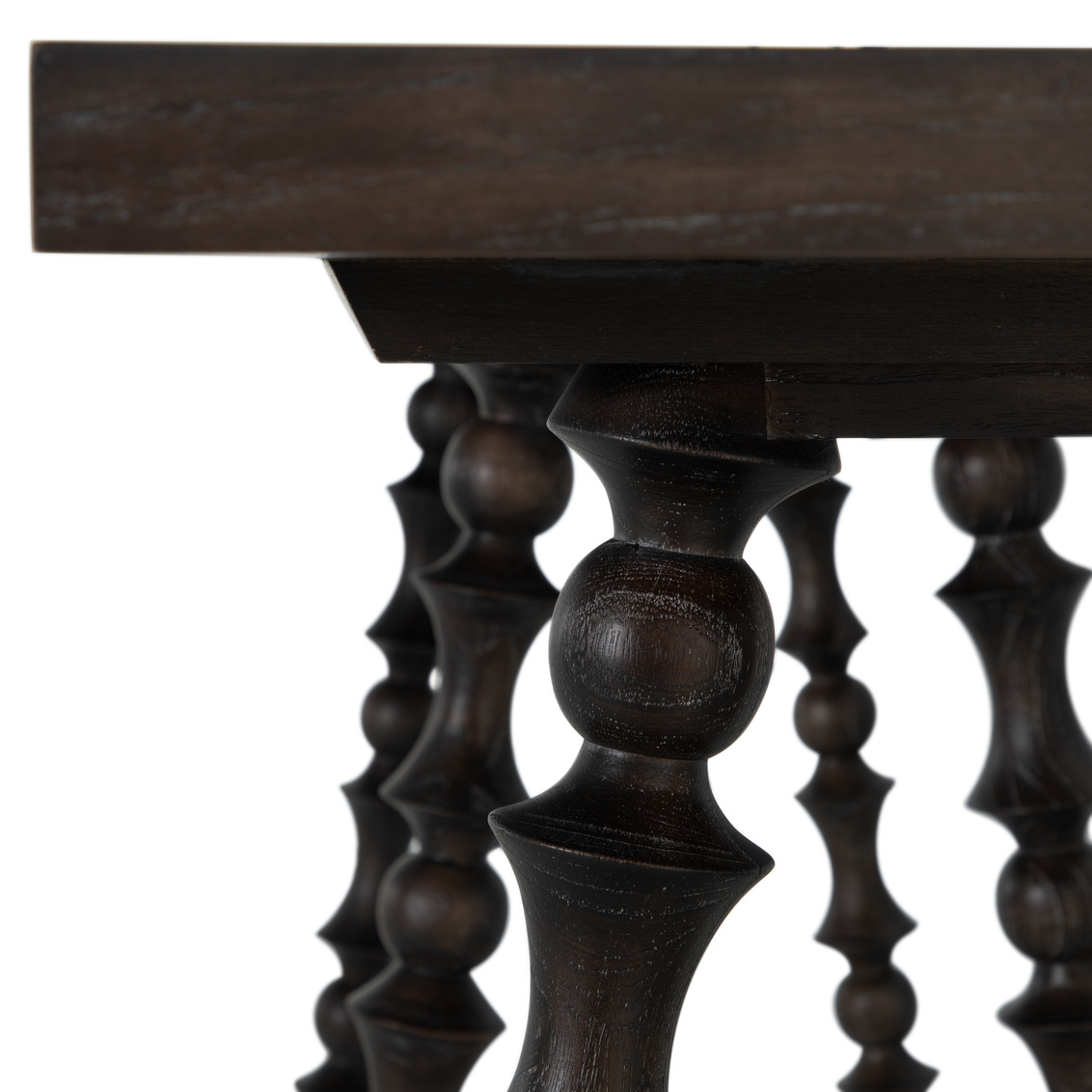 Close up of console, intricately turned legs, dark finish