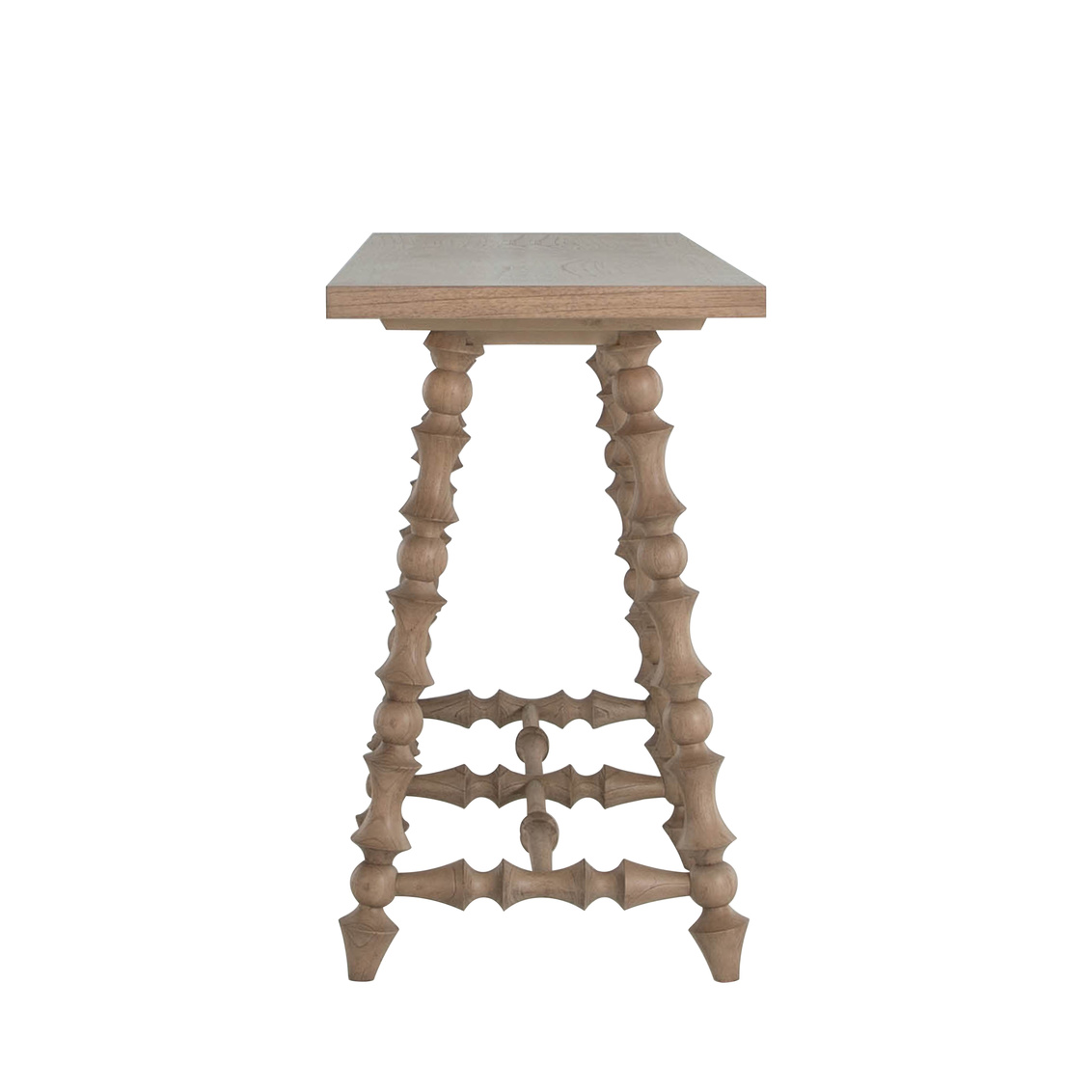 Side view of console, intricately turned legs, natural finish. Sold by GDC Home in Charleston, SC