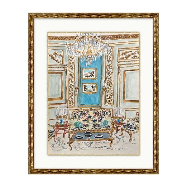 Framed wall art perfect to use as living room decor depicting a formal sitting room