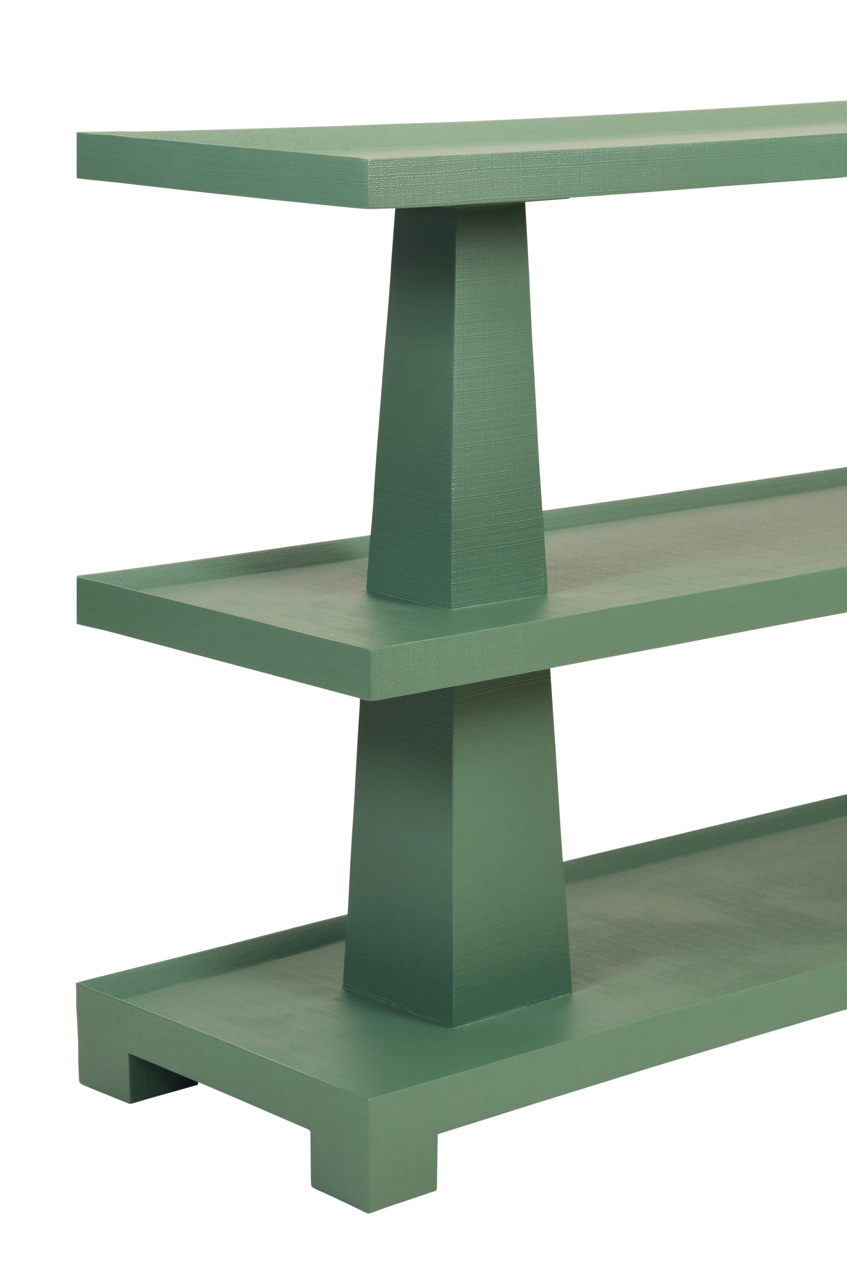 detail of three tiered console, textured green linen, sold by GDC Home in Charleston, SC