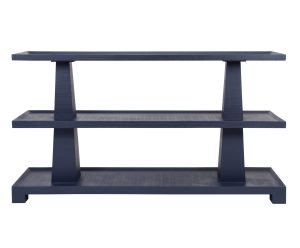 three tiered console, textured navy linen, sold by GDC Home in Charleston, SC
