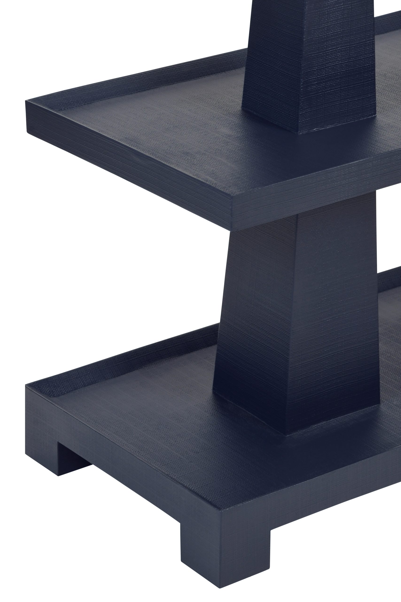 detail of three tiered console, textured navy linen, sold by GDC Home in Charleston, SC