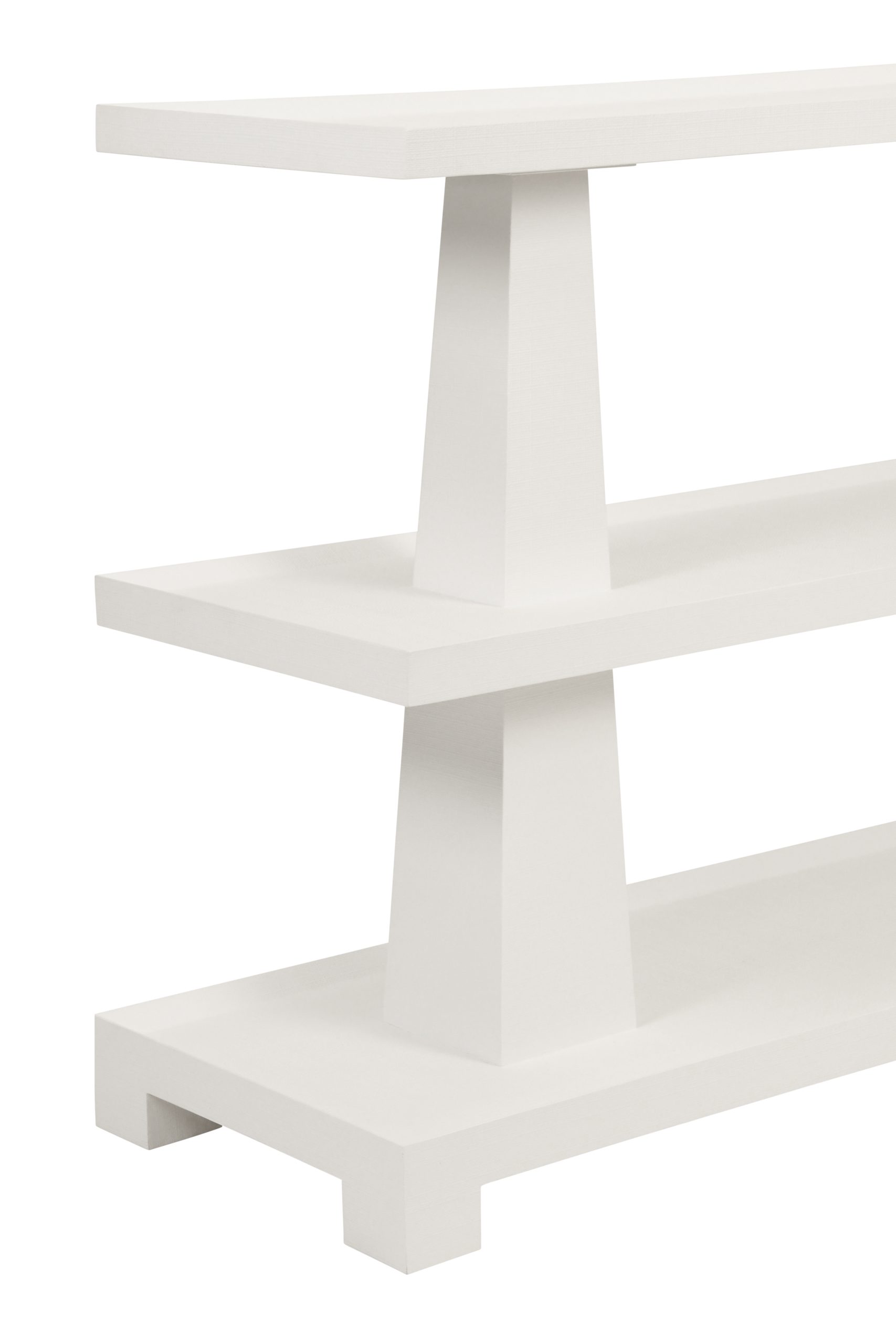 detail of three tiered console, textured white linen, sold by GDC Home in Charleston, SC