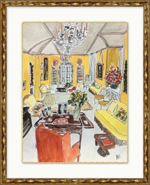 charleston sitting room with yellow walls, framed
