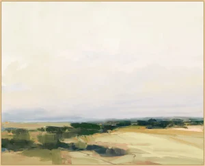 Large horizon art of a calm field resting below a cloudy sky with a floater frame with an antique silver finish