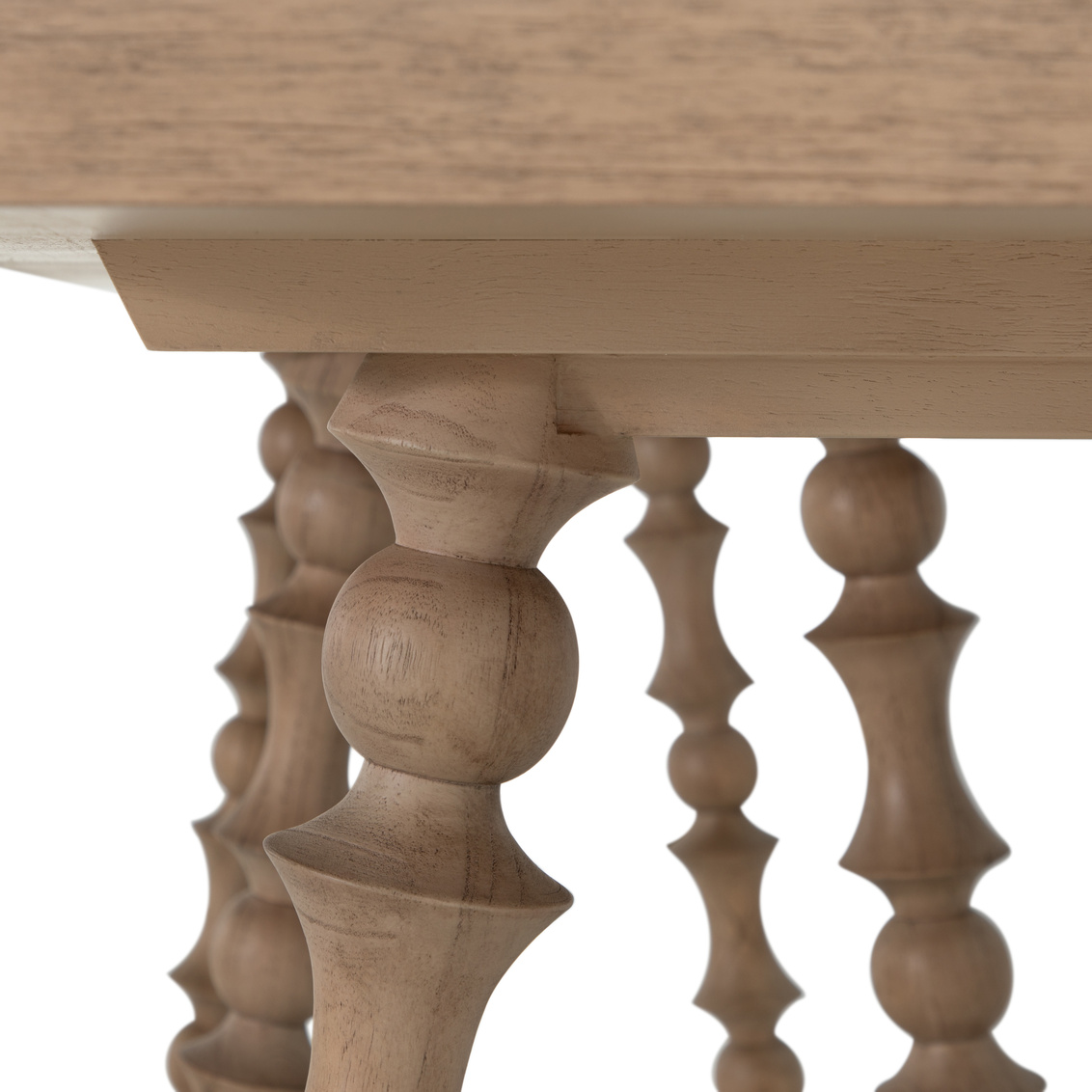 Close up of console, intricately turned legs, natural finish