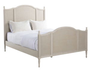 Queen bed in cerused white finish with painted burlap panels. Sold by GDC Home in Charleston, SC