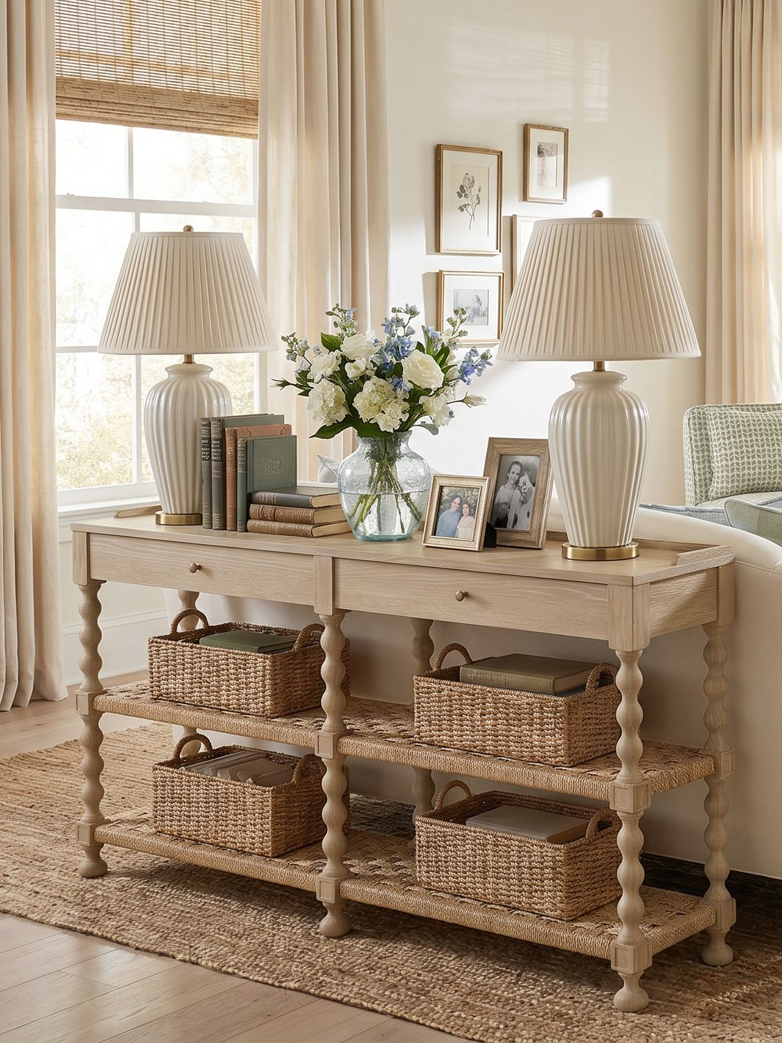 light wood console table with spindle sides and rattan shelves shown in a living room with lamps, picture frames, and baskets