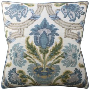 decorative pillow with blue and green floral damask