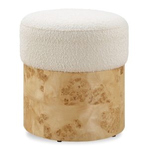 small round ottoman with burl veneer base and ivory boucle fabric on top