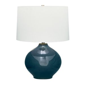 round table lamp in deep blue finish with white shade