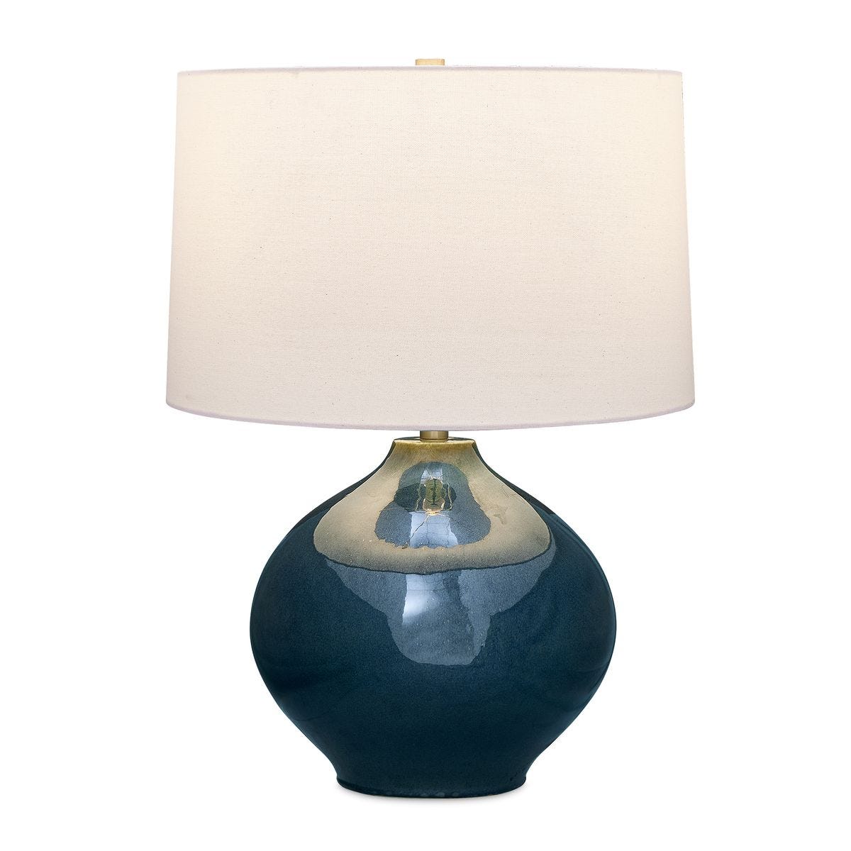 round table lamp in deep blue finish with white shade