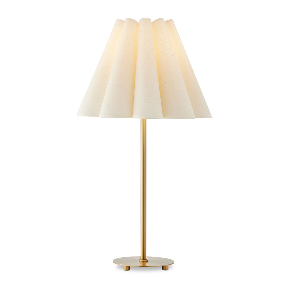 brass buffet lamp with white scalloped shade and lit bulb