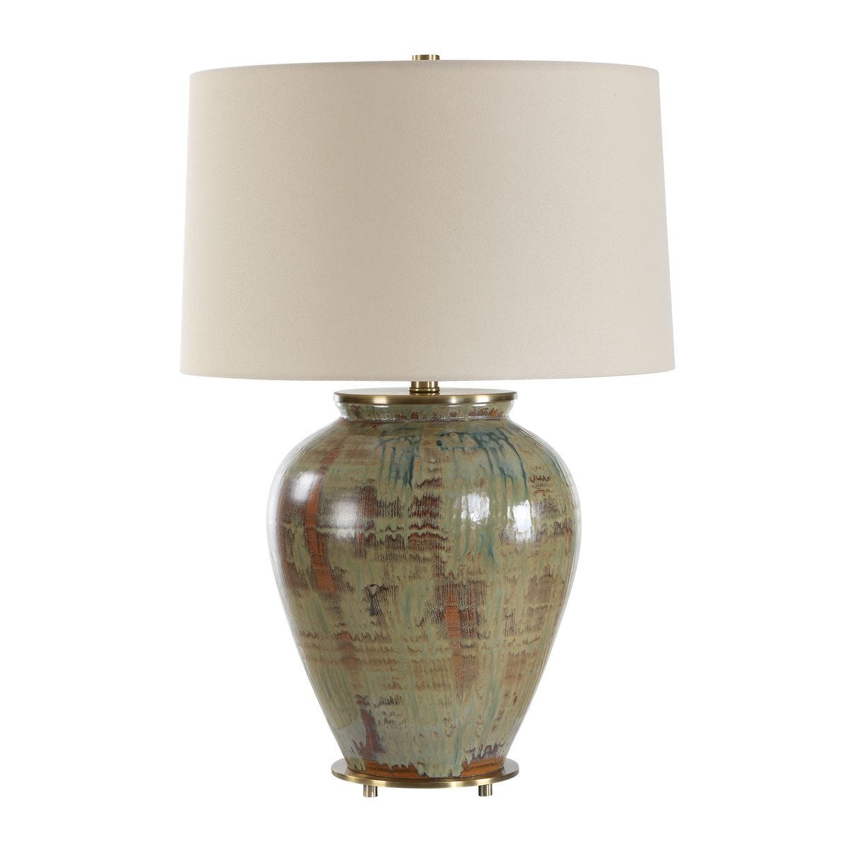 table lamp with urn base finished in shades of green, blue-green, and earthy browns and an off white shade