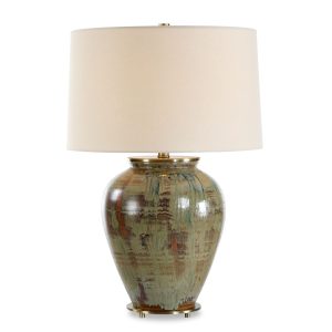 table lamp with urn base finished in shades of green, blue-green, and earthy browns and an off white shade