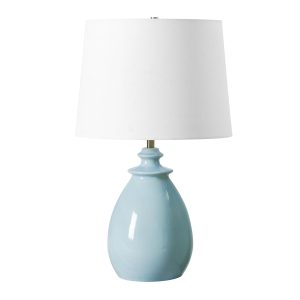 table lamp in light blue glaze with white shade