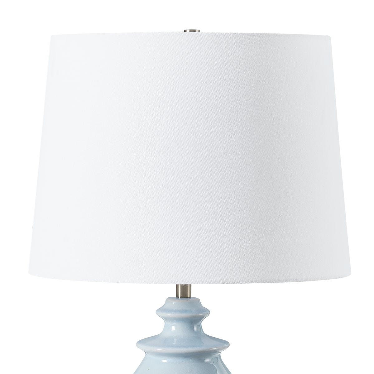 detail of white shade on table lamp with light blue glaze