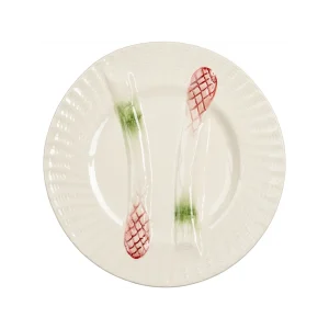 decorative plate with two pink and green asparagus on a white background. available in multiple colors to fit in with any Charleston dinnerware set collection