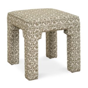 small square bench, olive green medallion upholstery