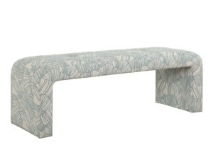 Fabric modern bench with a graphically inspired shell print in spa blue