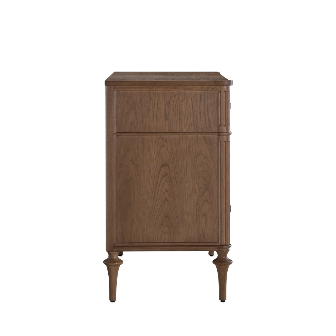 side view of three drawer dresser, oak finish, sold by GDC Home in Charleston, SC