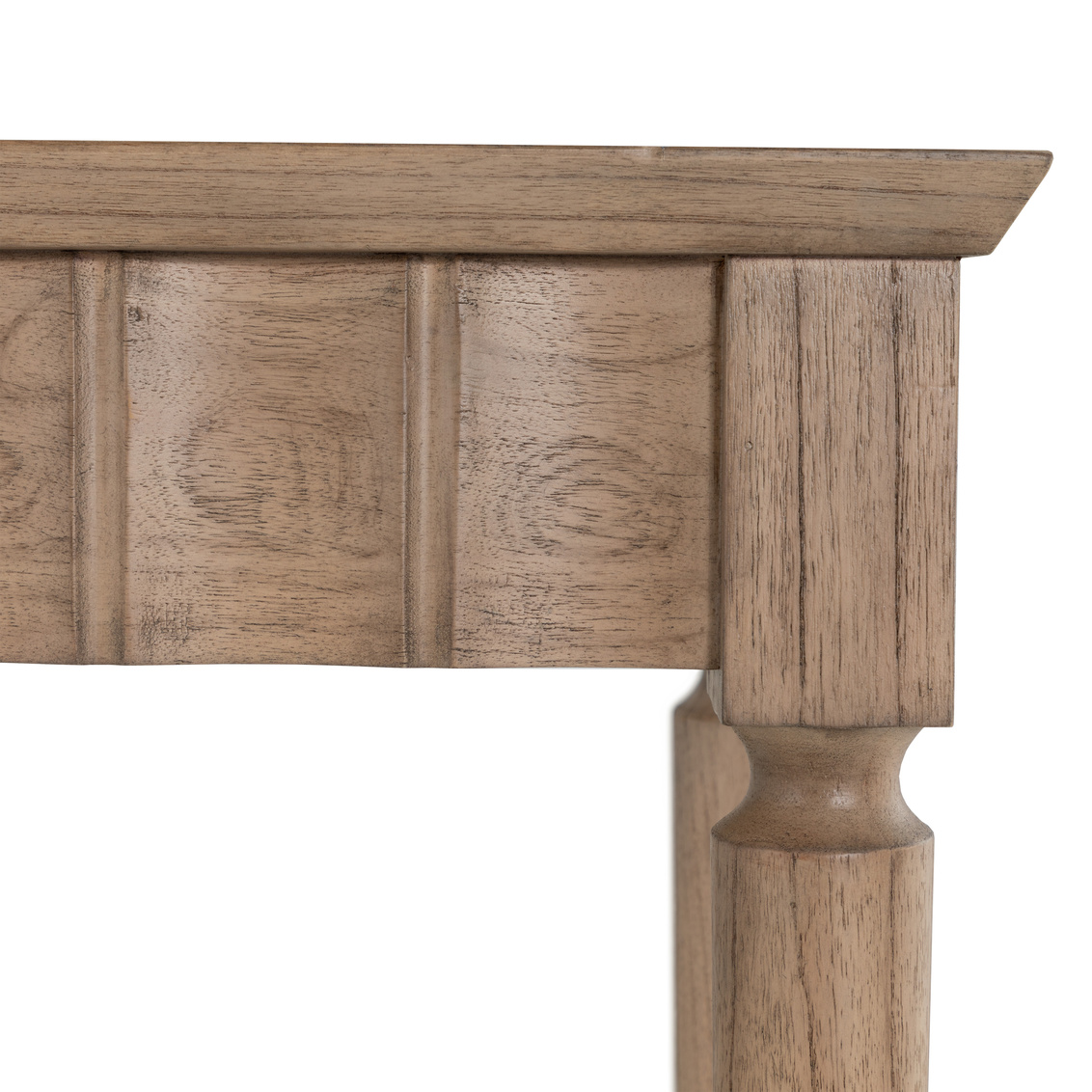 detail of slim console with ribbed design in natural finish