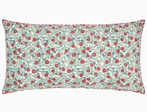 decorative bolster pillow with block printed red flowers and green vines