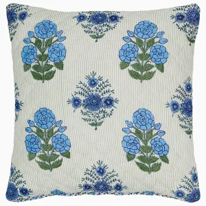 light green striped pillow sham with blue block print flowers