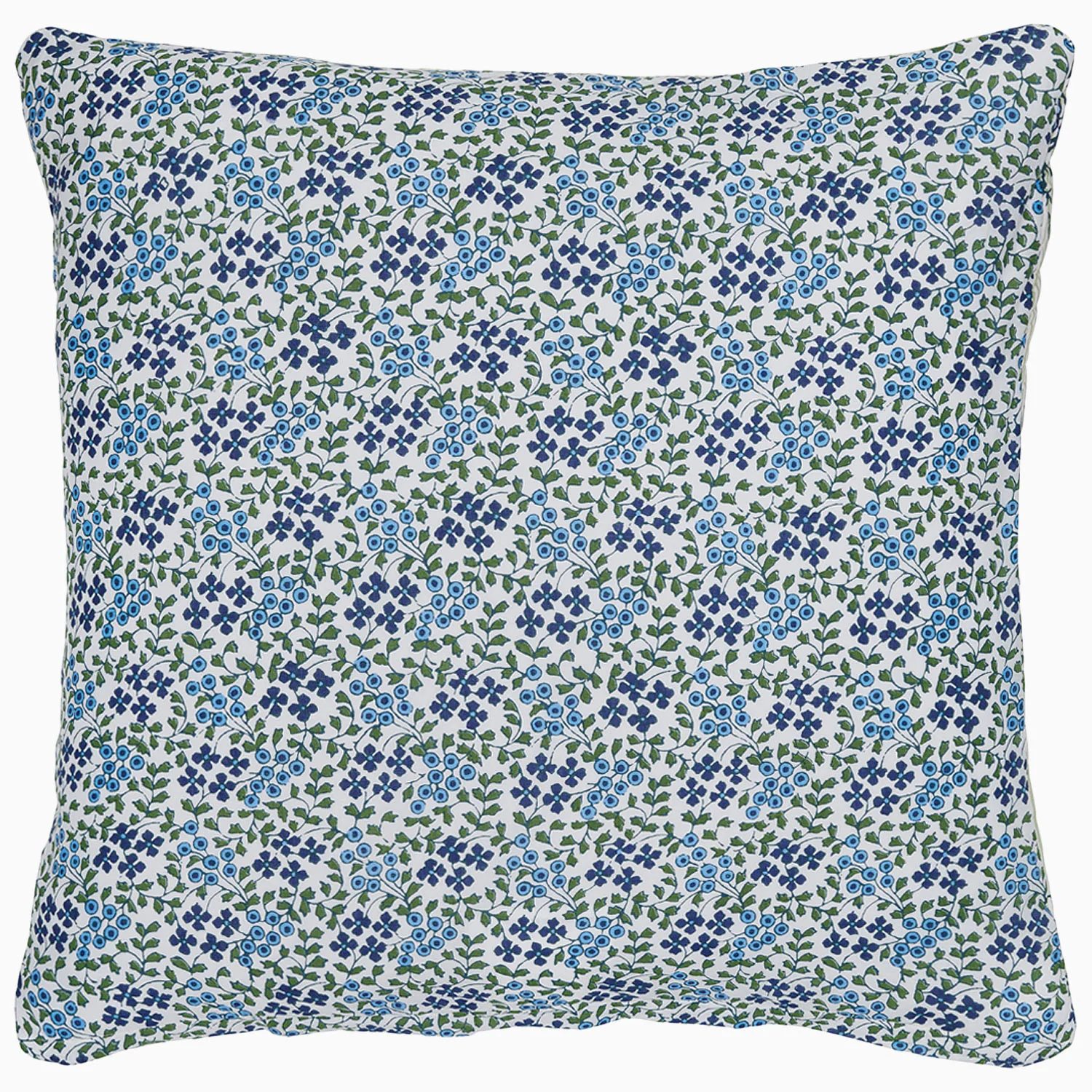 back of pillow sham with blue ditsy floral pattern