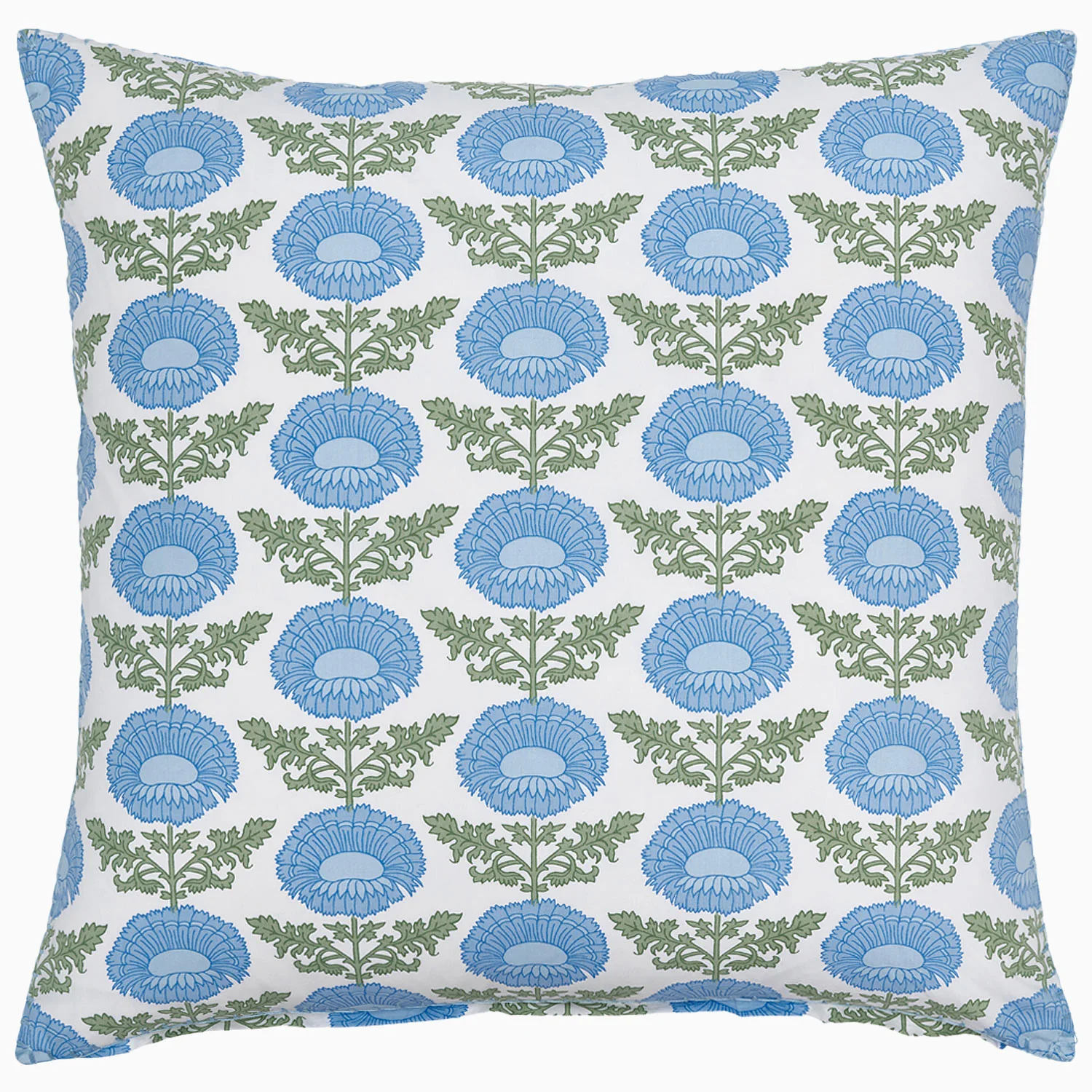 pillow sham with green and blue floral block print