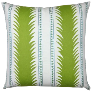 outdoor decorative pillow with bold green botanical-inspired stripes and delicate blue accents