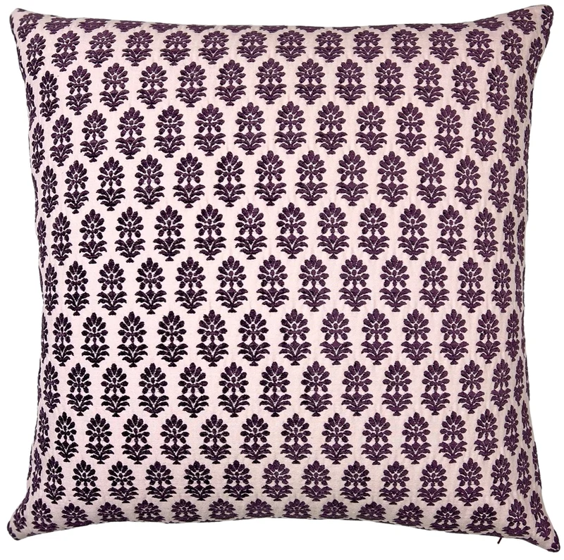 textured block print decorative pillow in purples