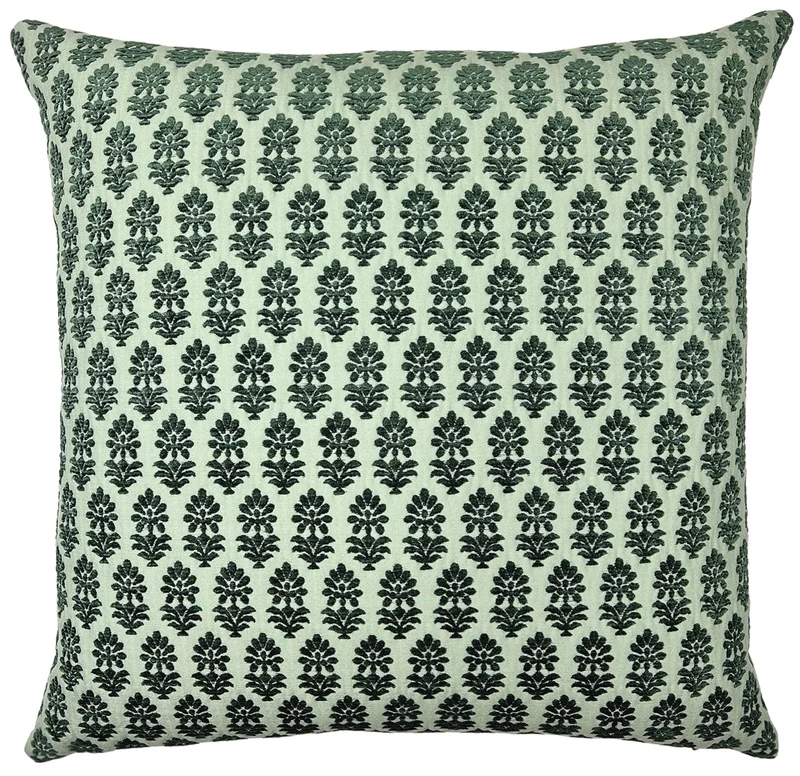 textured block print decorative pillow in greens