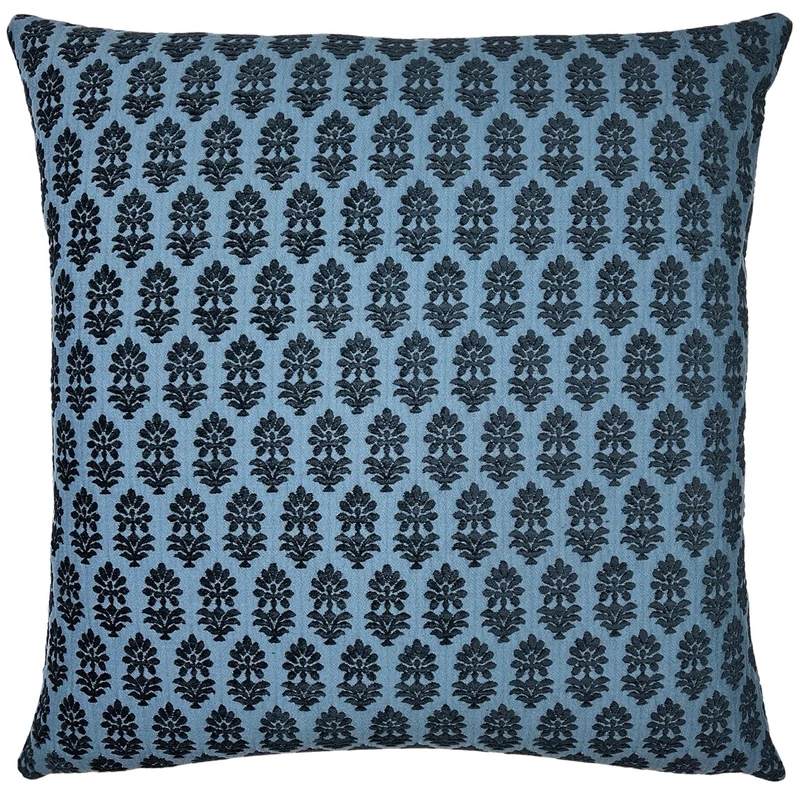 textured block print decorative pillow in blue and navy
