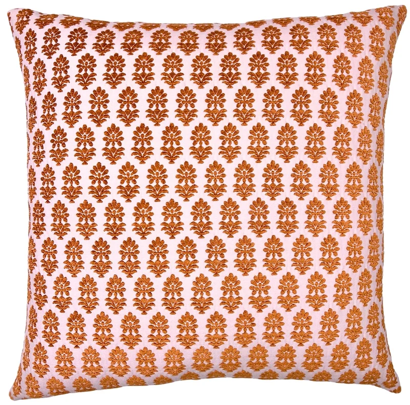 textured block print decorative pillow in pink and orange